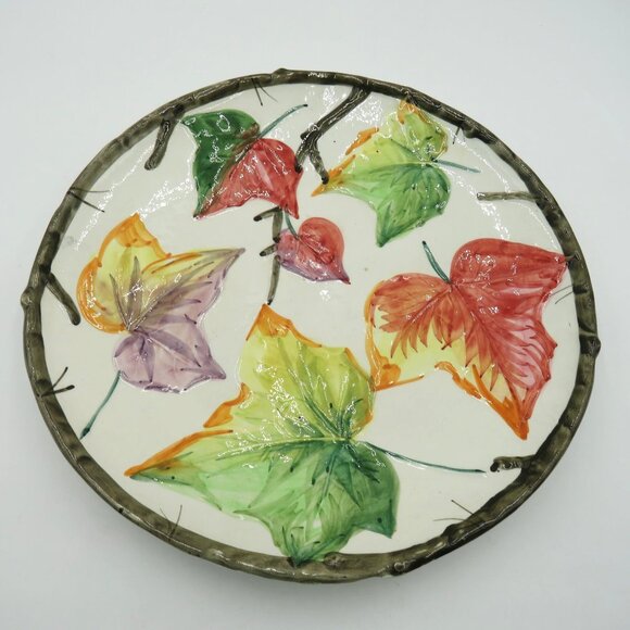 Leaf Plate Handpainted 11.5" Colorful Autumn Leaves Twig Border Made in Italy - Picture 2 of 9